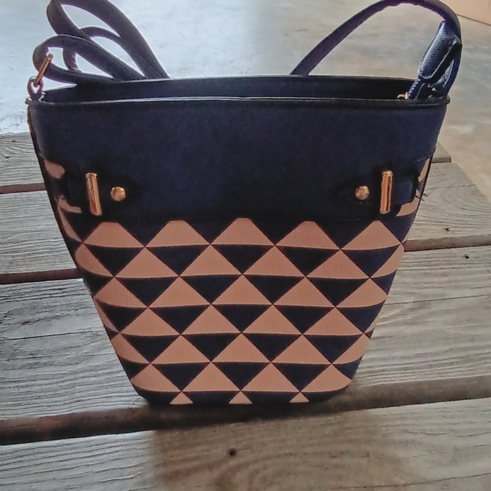 Stylish Navy and Beige Geometric Women's Bag